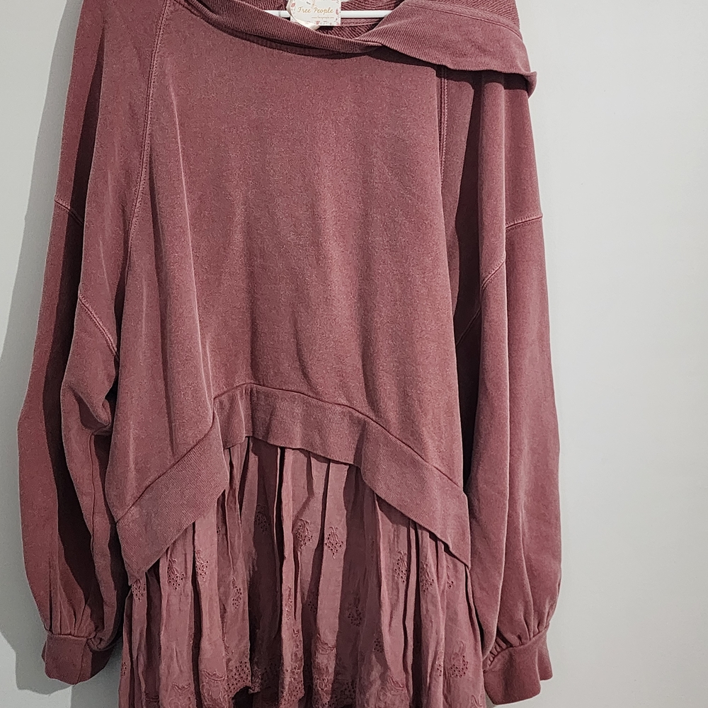 Free People Dusty Rose Hooded Sweater with Lace Hem